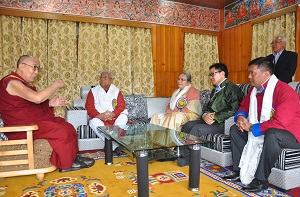 The Governor of Arunachal Pradesh Shri P.B. Acharya with His Holiness the 14th Dalai Lama at Thupsung Dhargye Ling Monastery, Dirang, 45 km from Bomdila in West Kameng District on 6th April 2017